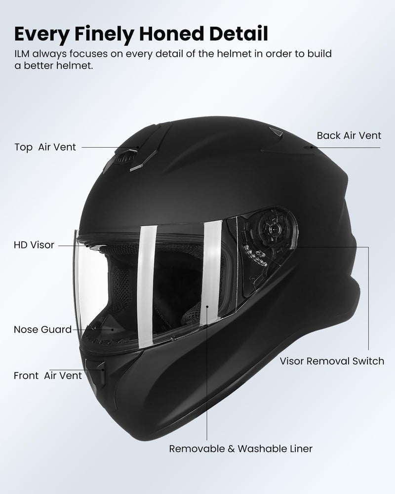 ILM Full Face Motorcycle Street Bike Helmet with Enlarged Air Vents, Free Replacement Visor for Men Women DOT Approved Model ST-06 (Gloss Black, Medium) - Image 2